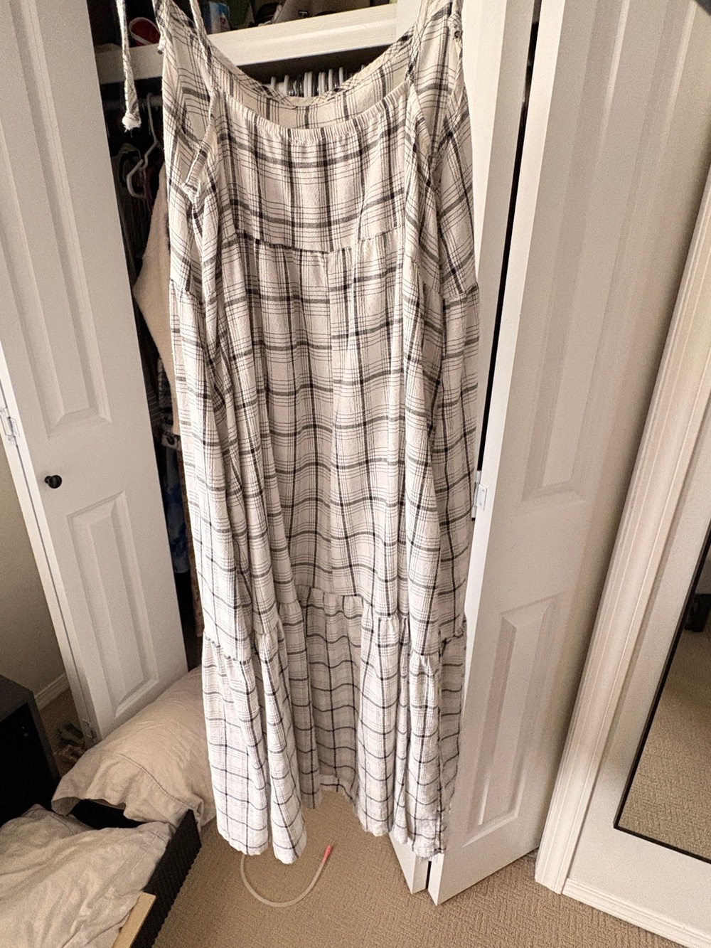 White Plaid Tiered Maxi Dress